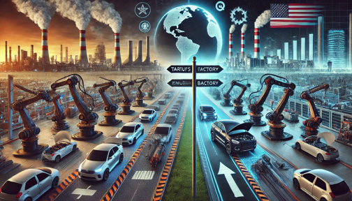 Showing Trump's efforts to address global trade imbalances, including proposals for new tariffs on European imports and a reduction in the US trade deficit. The graphic highlights strategies for shifting global manufacturing policies and their impact on US automakers like Toyota, Hyundai, and Honda.