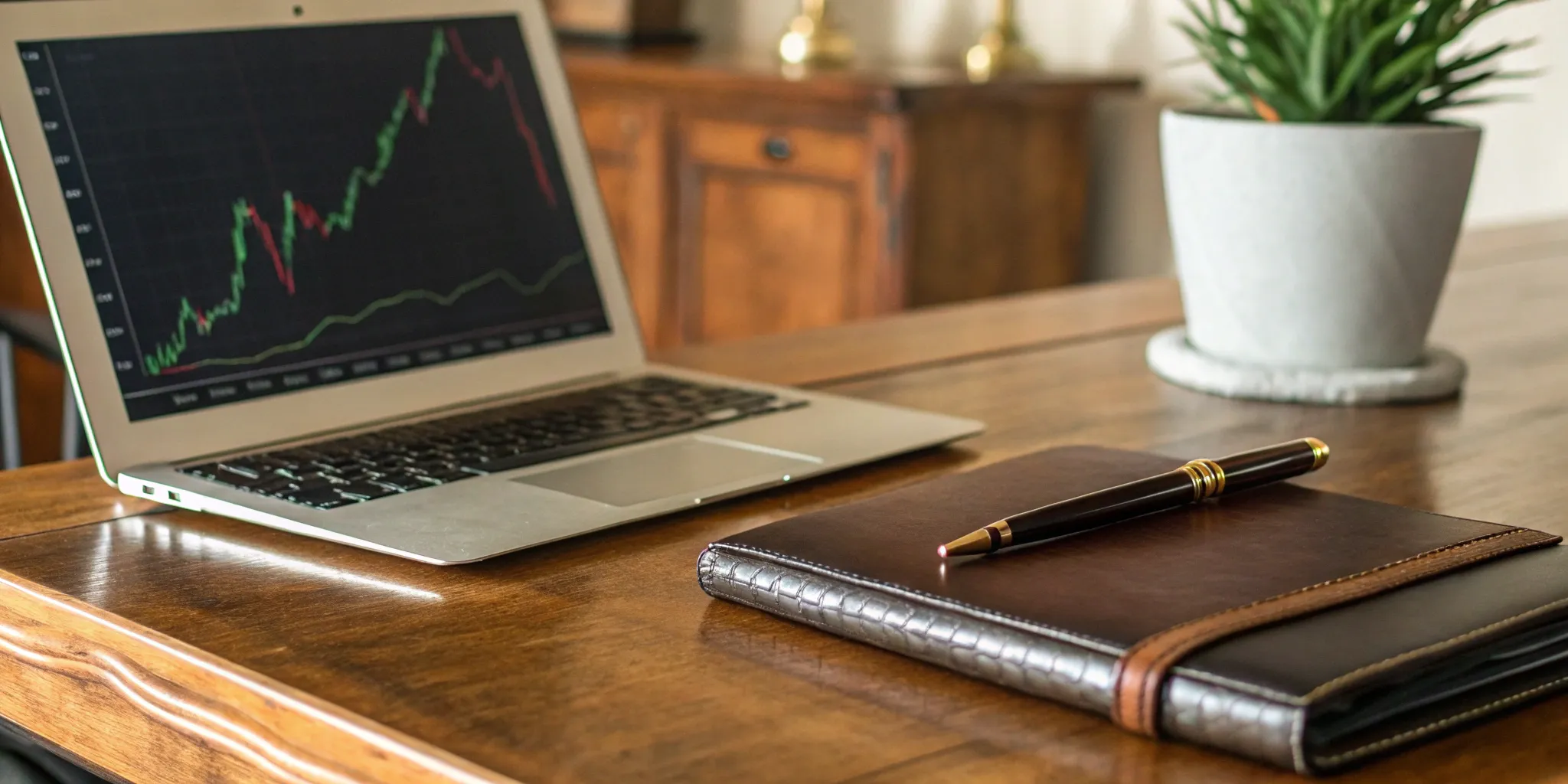 Asset allocation chart, notebook, and pen on desk.