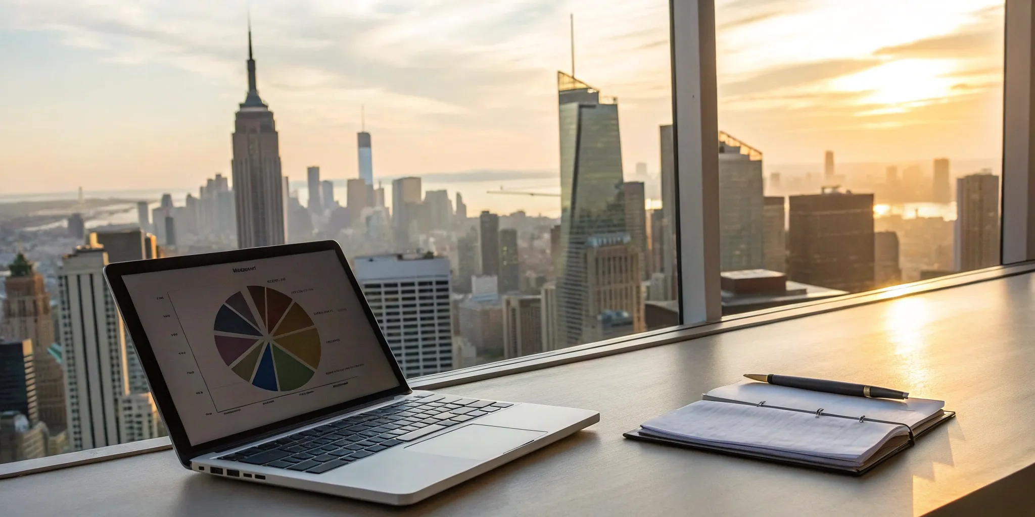 Asset allocation model pie chart on a laptop screen.