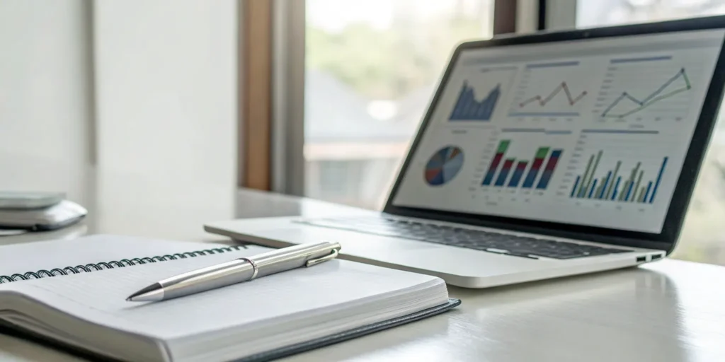 Financial advisor platform tools on a laptop with notebook and pen.