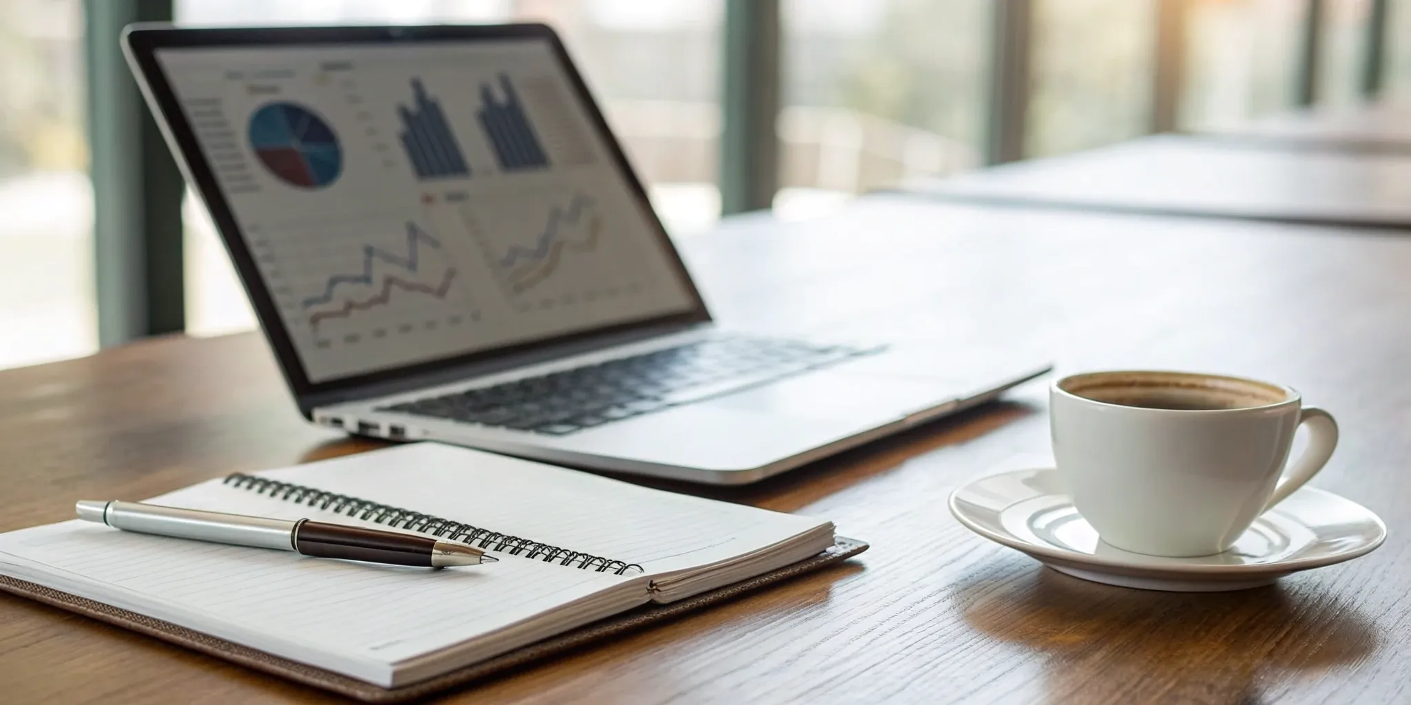 Investment performance report displayed on a laptop with notebook and pen.