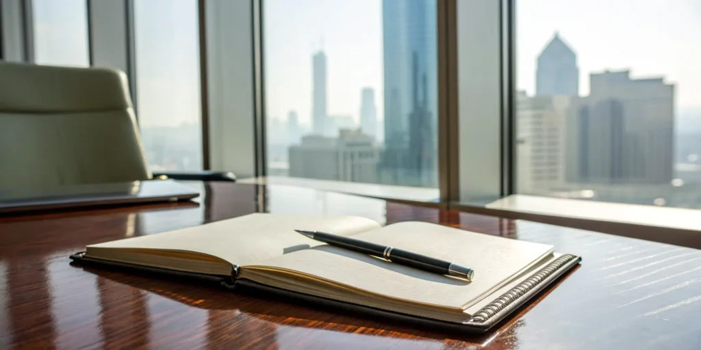 Financial advisor's notebook and pen, ready for client exit planning.