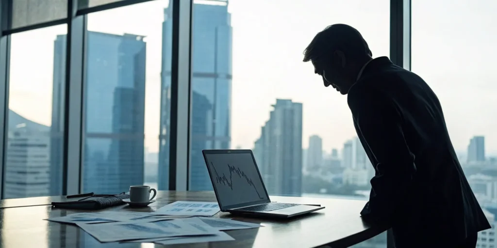 Advisor reviews hedge fund strategies on laptop.