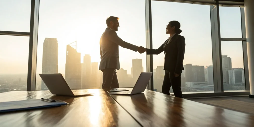 Financial advisors shaking hands, establishing partnership.