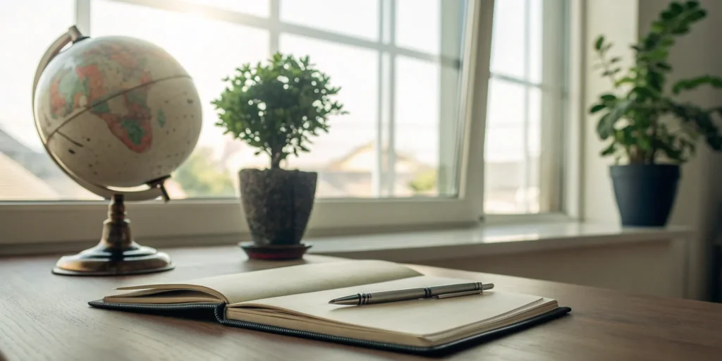 Starting a charitable foundation: Notebook, pen, globe, and plant on desk.