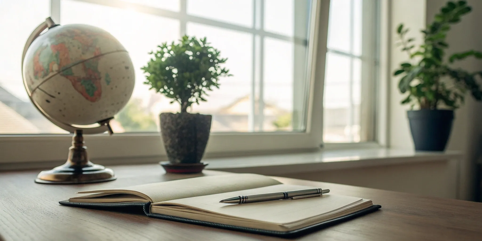 Starting a charitable foundation: Notebook, pen, globe, and plant on desk.