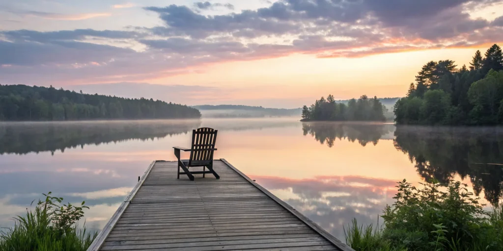 Calm lake sunrise. Retirement asset allocation.