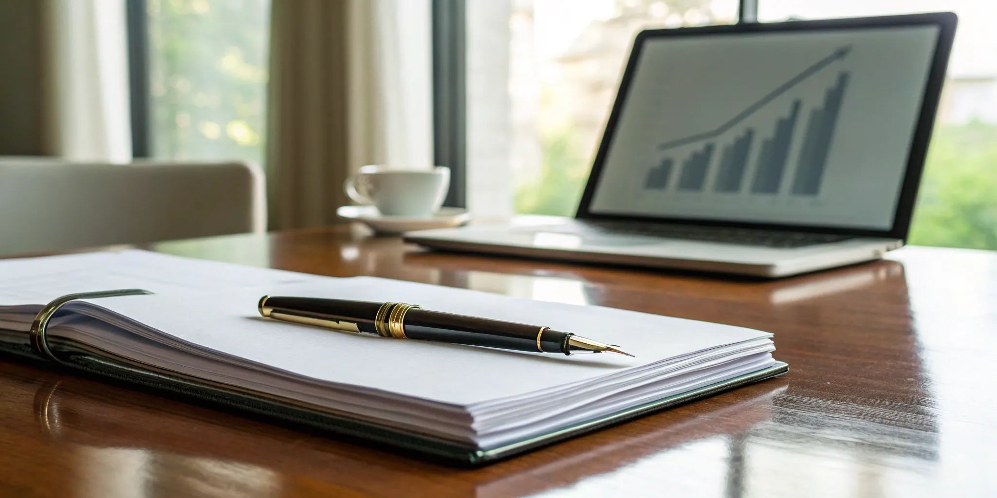 Corporate bonds, pen, and laptop displaying financial chart.