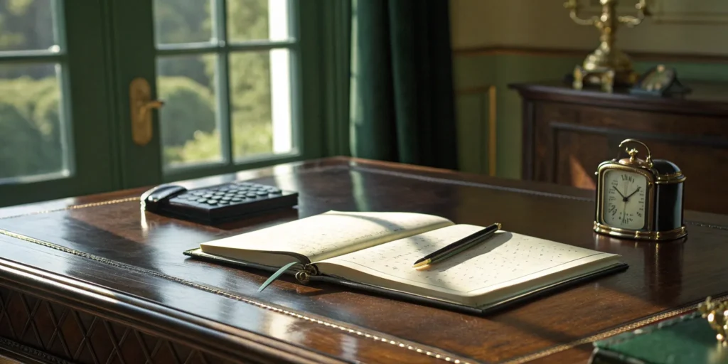 Fixed income trading tools: Notebook, pen, calculator, and clock.