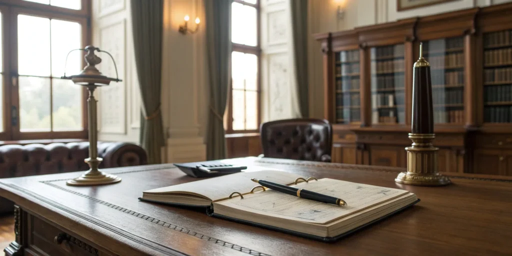 Open notebook and pen on desk. Value investing research tools.