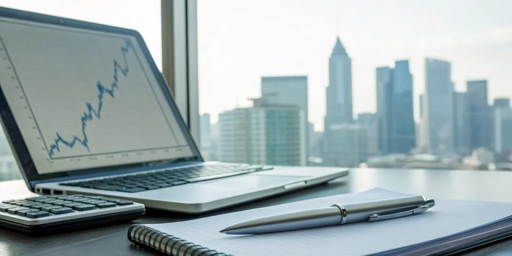 Corporate bond investment tools: laptop, chart, calculator, and notebook.