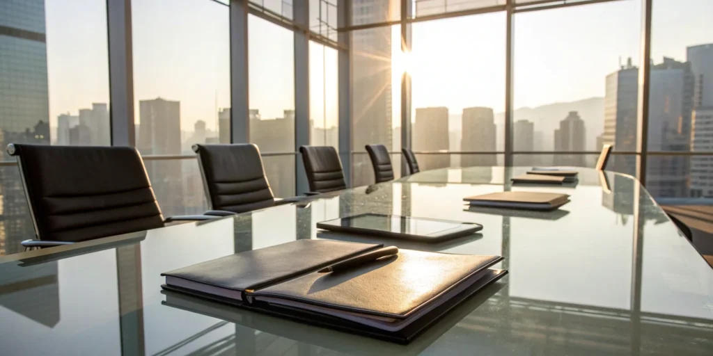 Institutional investment management meeting in modern boardroom.