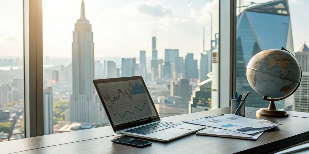 Tactical asset allocation tools on a desk with city view.