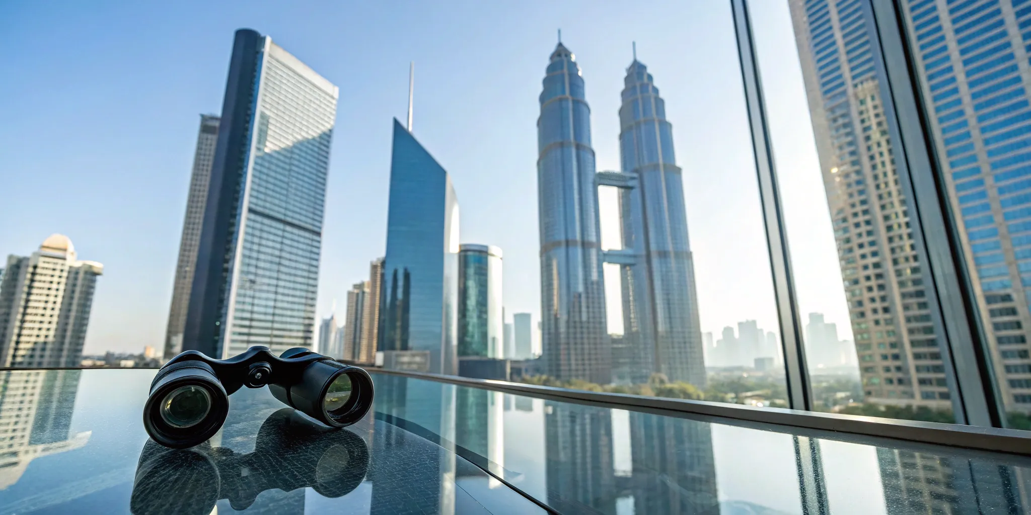 A view of financial sector trends through binoculars looking out over a modern city.