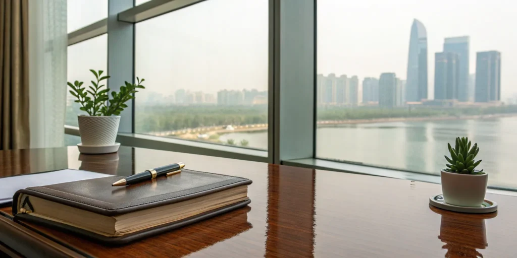 A desk overlooking a city, set up for planning fixed income investment strategies.