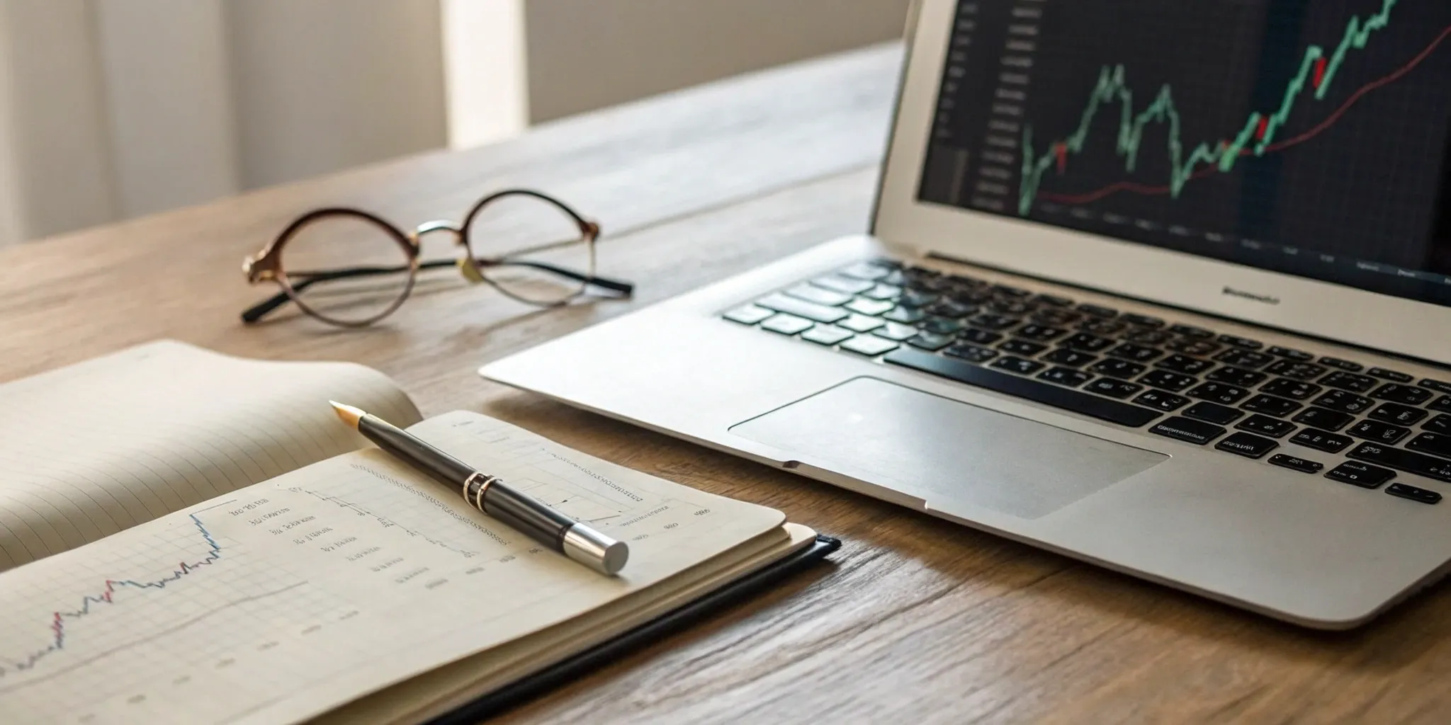 A laptop and notebook with financial charts used to build custom investment portfolios.
