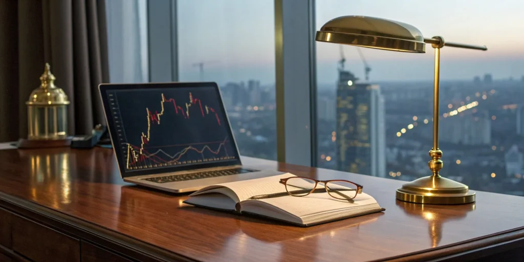 Analyzing alternative investment insights on a laptop with a notebook and glasses.