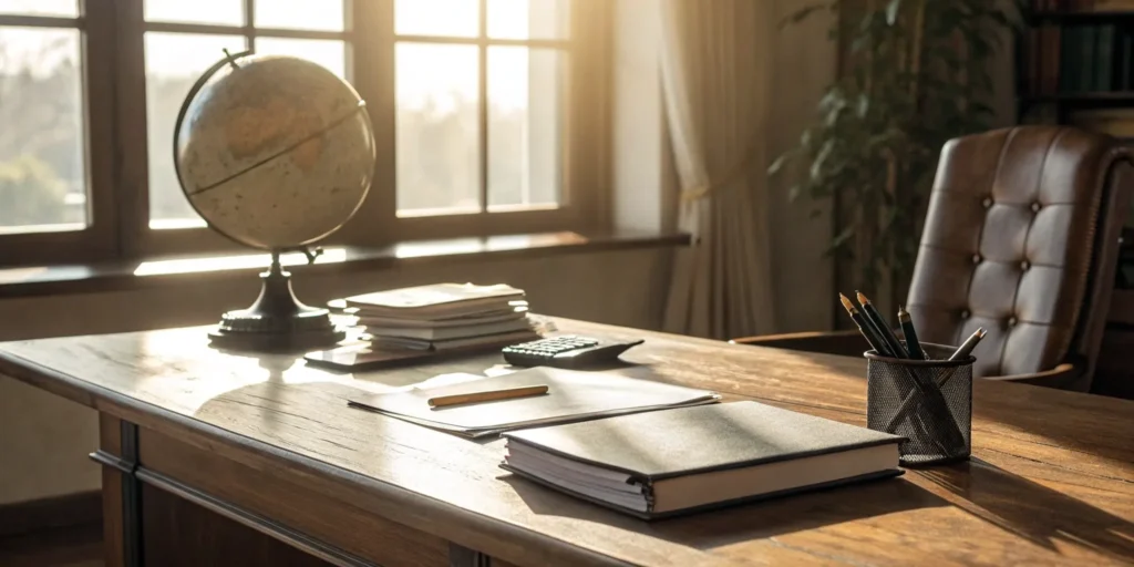 Office desk with a globe and calculator for planning asset allocation models by age.