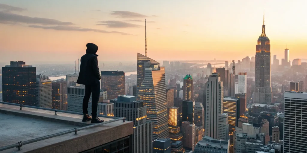 A person overlooking a city at sunrise, performing an emerging market analysis to find growth opportunities.