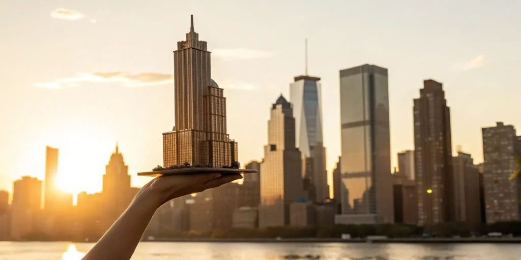 A real estate investor holding a model skyscraper, using key investment insights to plan for success.