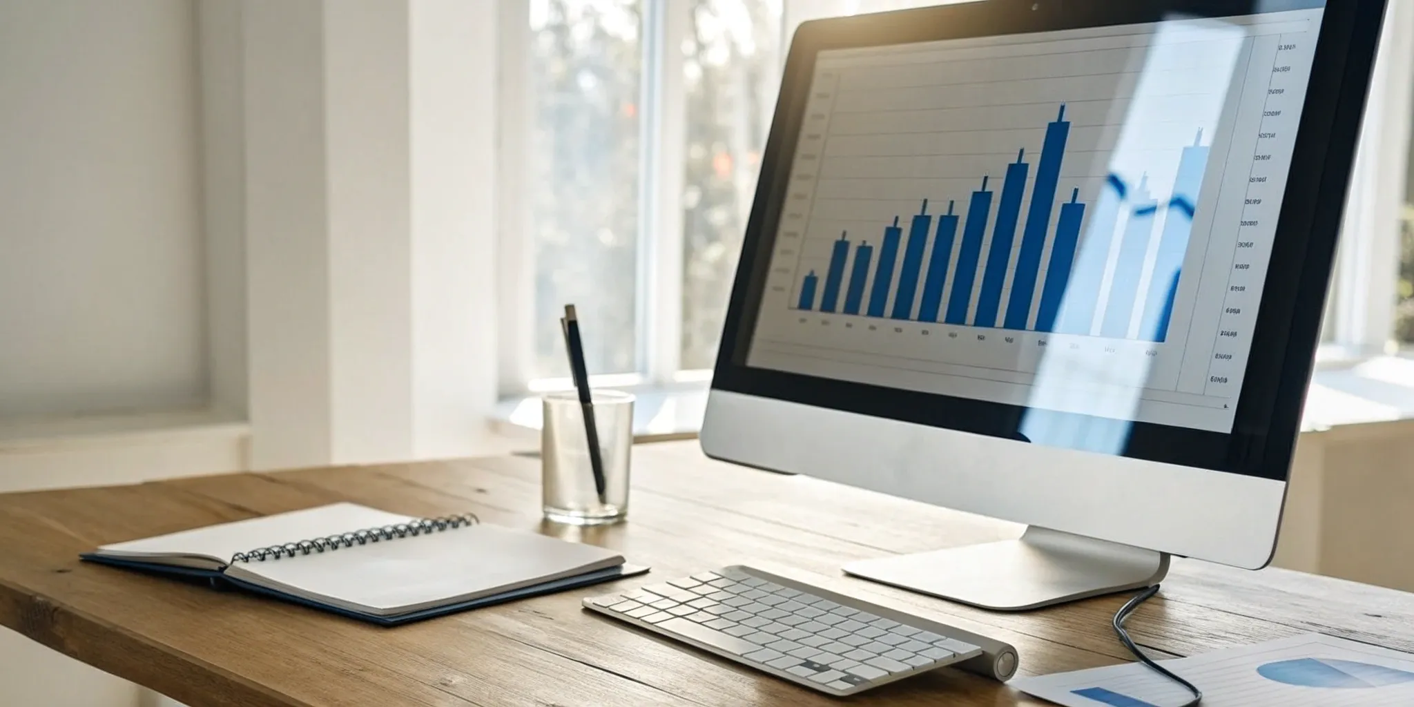 Analyzing value investing metrics on a computer with financial charts and a notebook.