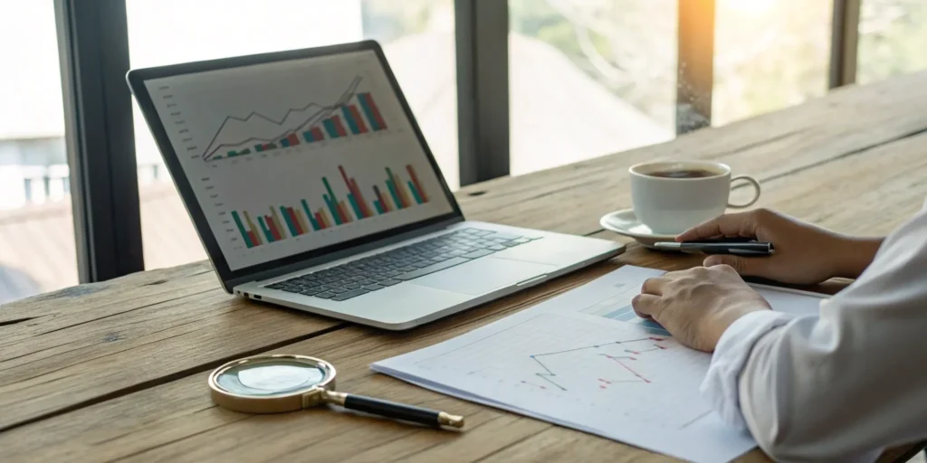 A person performs municipal bond analysis using charts and data on a laptop.