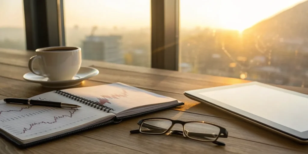 A financial professional's desk with charts and a tablet for investment thought leadership.