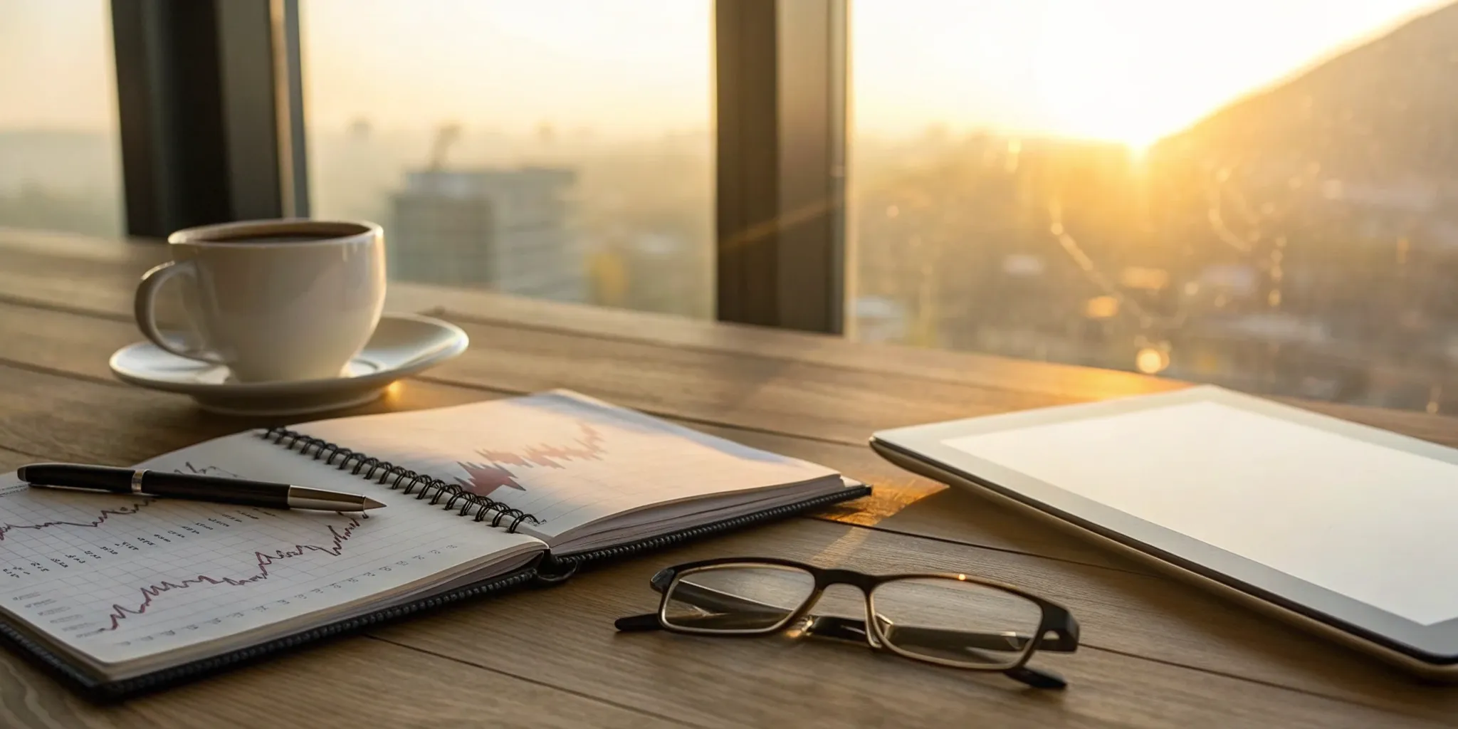 A financial professional's desk with charts and a tablet for investment thought leadership.