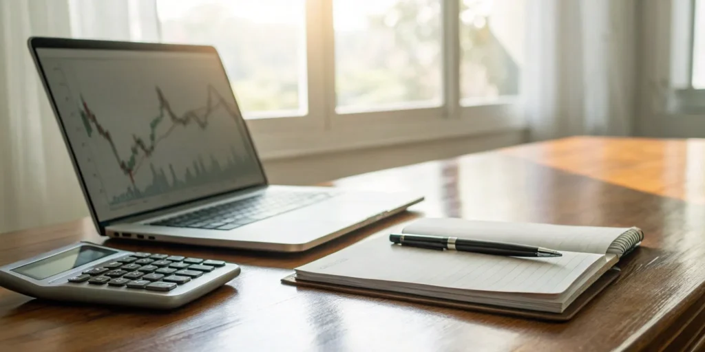 A financial advisor's desk with a laptop showing an investment chart for advisory services.