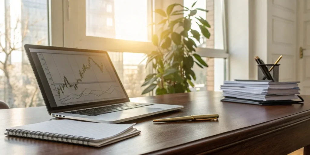 Institutional investment managers analyzing financial data and market charts on a laptop.