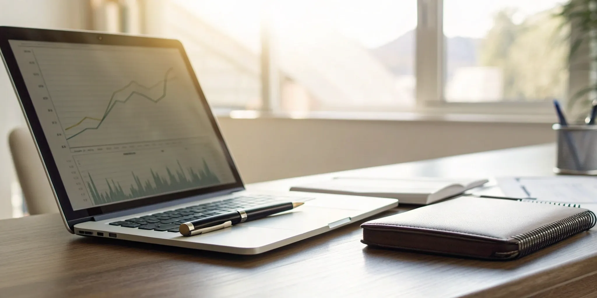 A financial planning support session with charts on a laptop and a notebook on a desk.