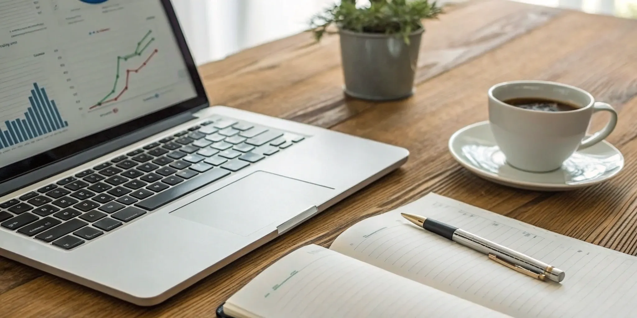 Laptop with investment charts and a notebook used for subscription-based investment research.