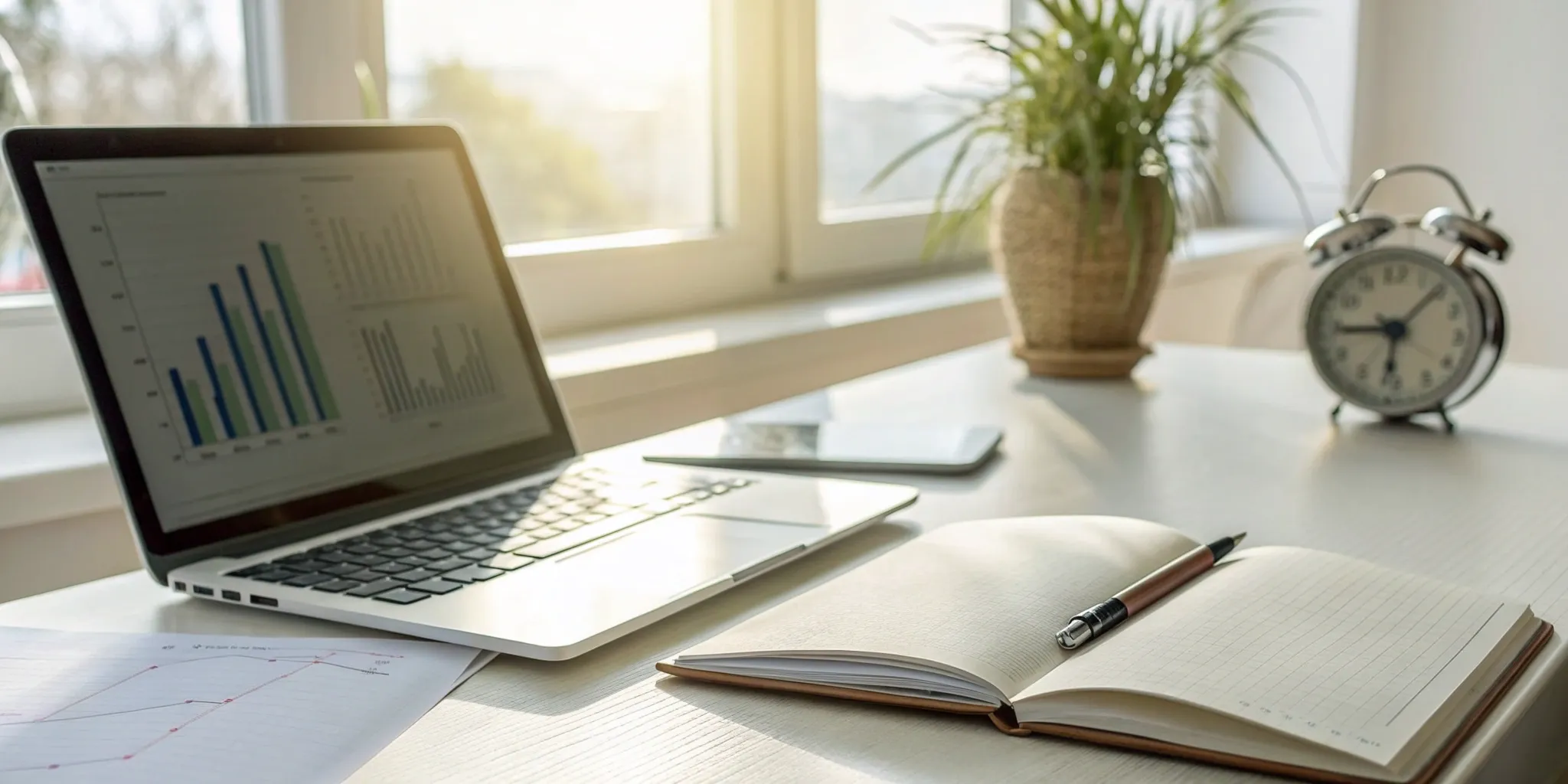 Financial professional resources on a desk, including a laptop with charts and an open notebook.