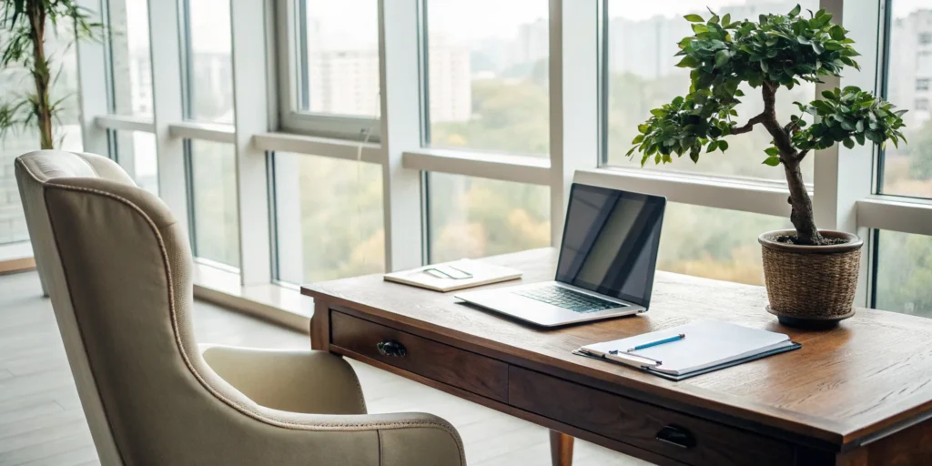 An advisor's desk with a laptop and notebook for planning succession strategies.