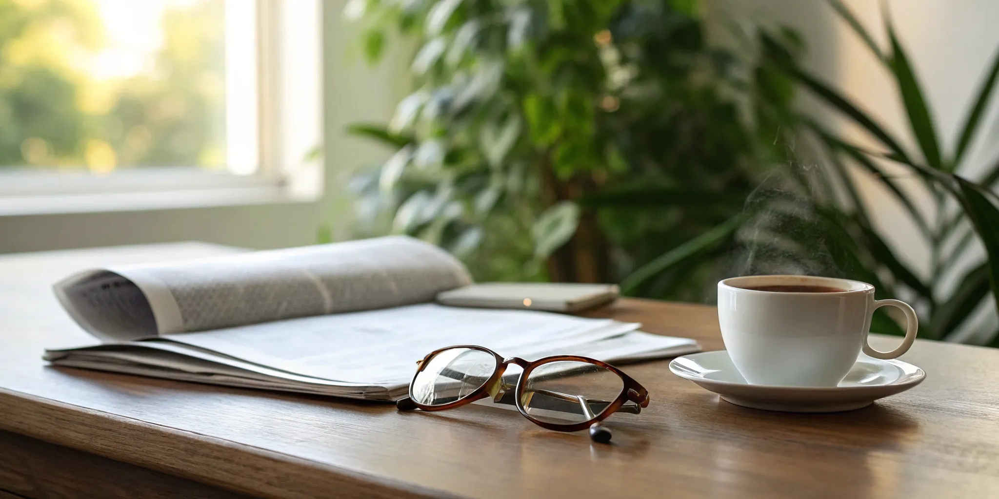 A desk setup for analyzing financial market news with a newspaper and coffee.