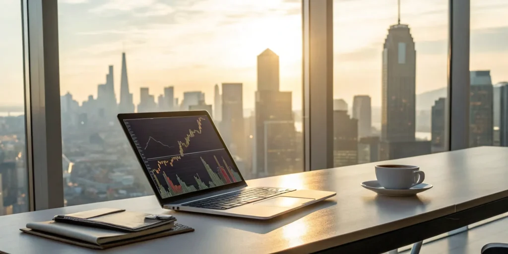 A laptop screen displaying charts and data for an equity market analysis.