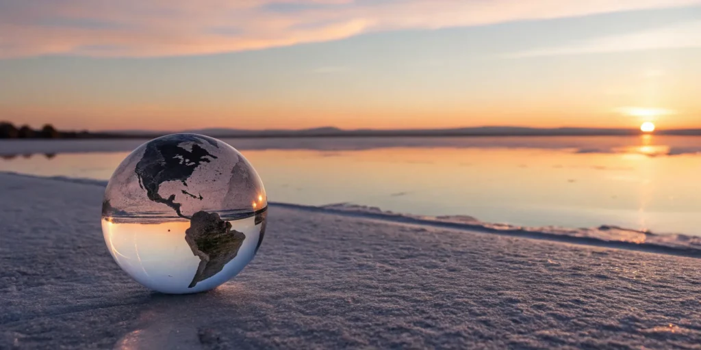Glass globe on a salt flat at sunrise, forecasting the global market outlook.