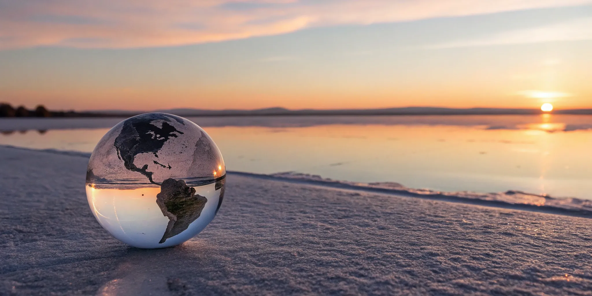 Glass globe on a salt flat at sunrise, forecasting the global market outlook.