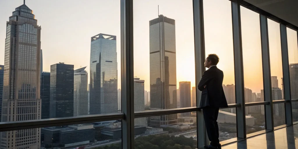 Businessman overlooking a city, considering market volatility strategies.