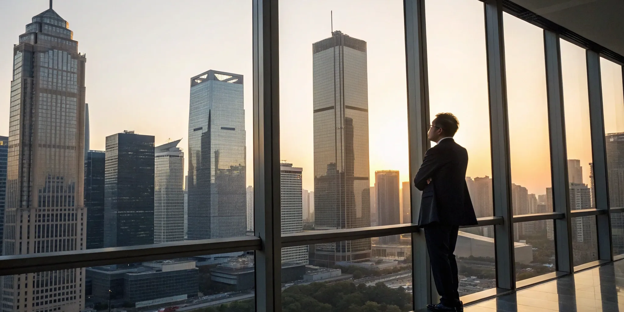 Businessman overlooking a city, considering market volatility strategies.