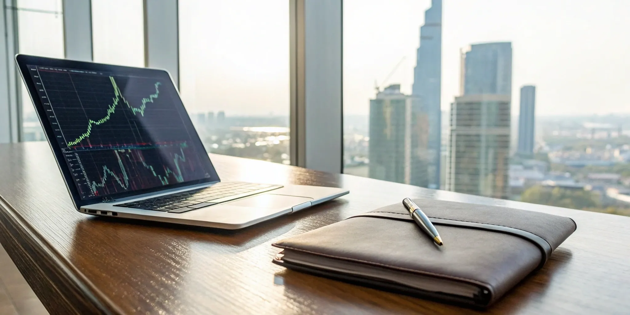 Laptop displaying outsourced investment research charts in a modern office.