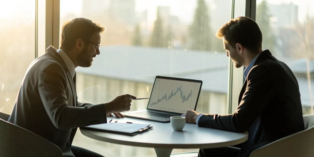 Advisors collaborating on a growth partnership strategy by reviewing data on a laptop.