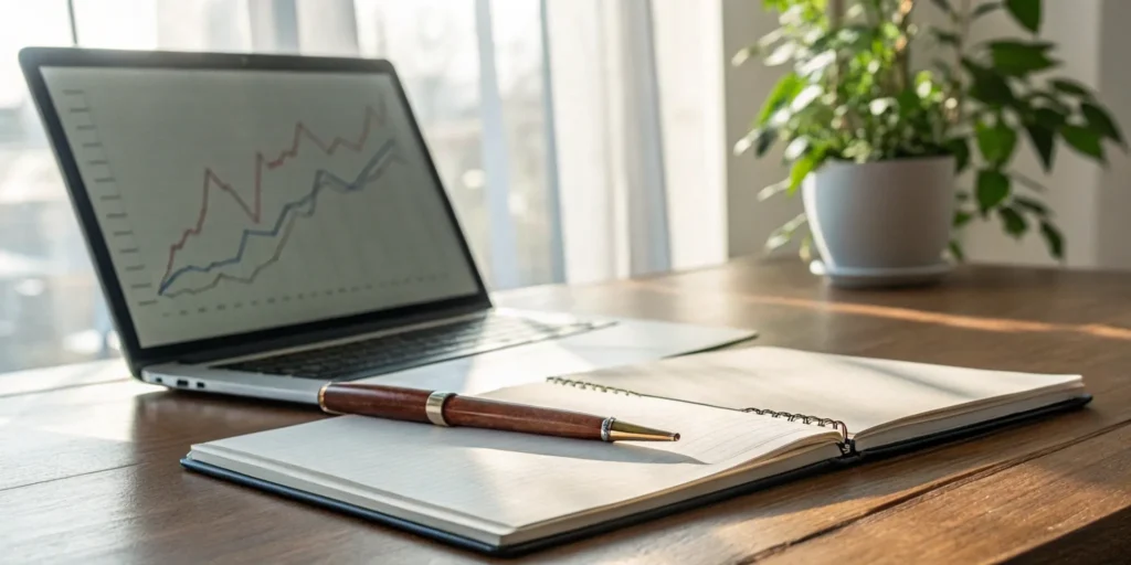 A financial advisor's desk with a laptop showing charts for wealth management support.