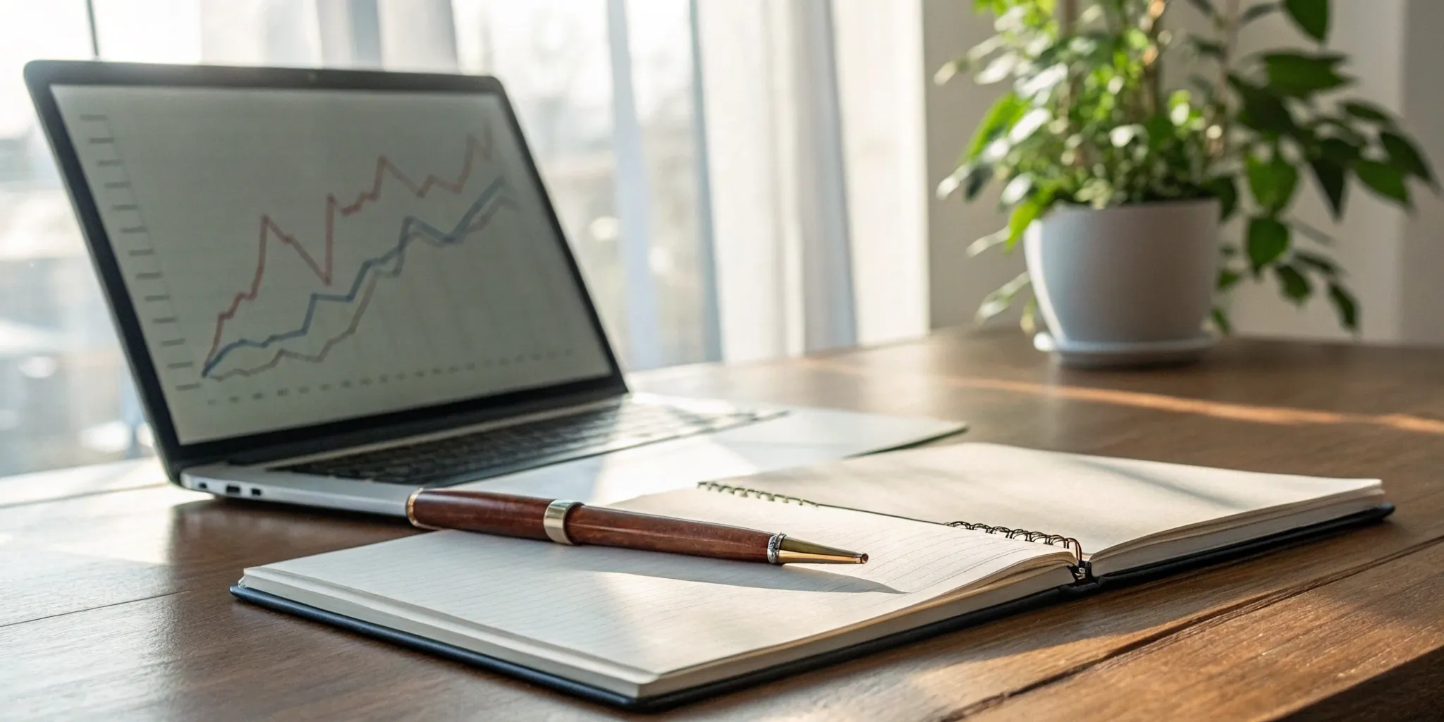 A financial advisor's desk with a laptop showing charts for wealth management support.