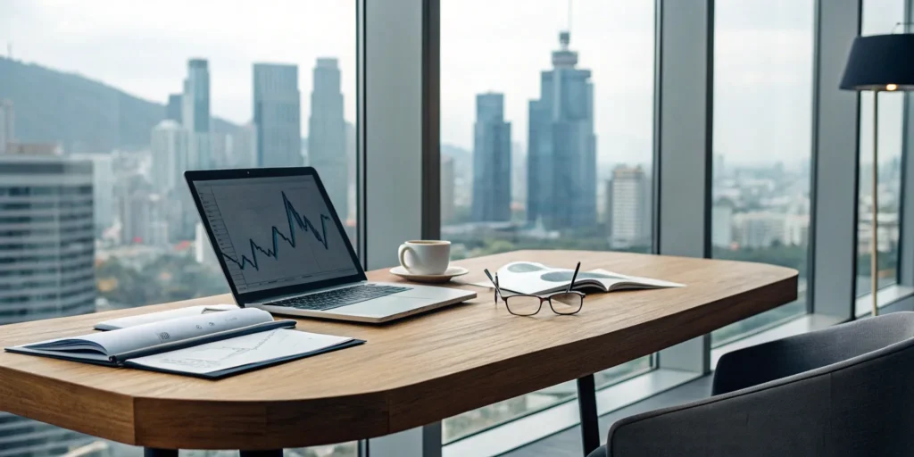 Office desk with a laptop showing a growth chart for scaling an advisory firm.
