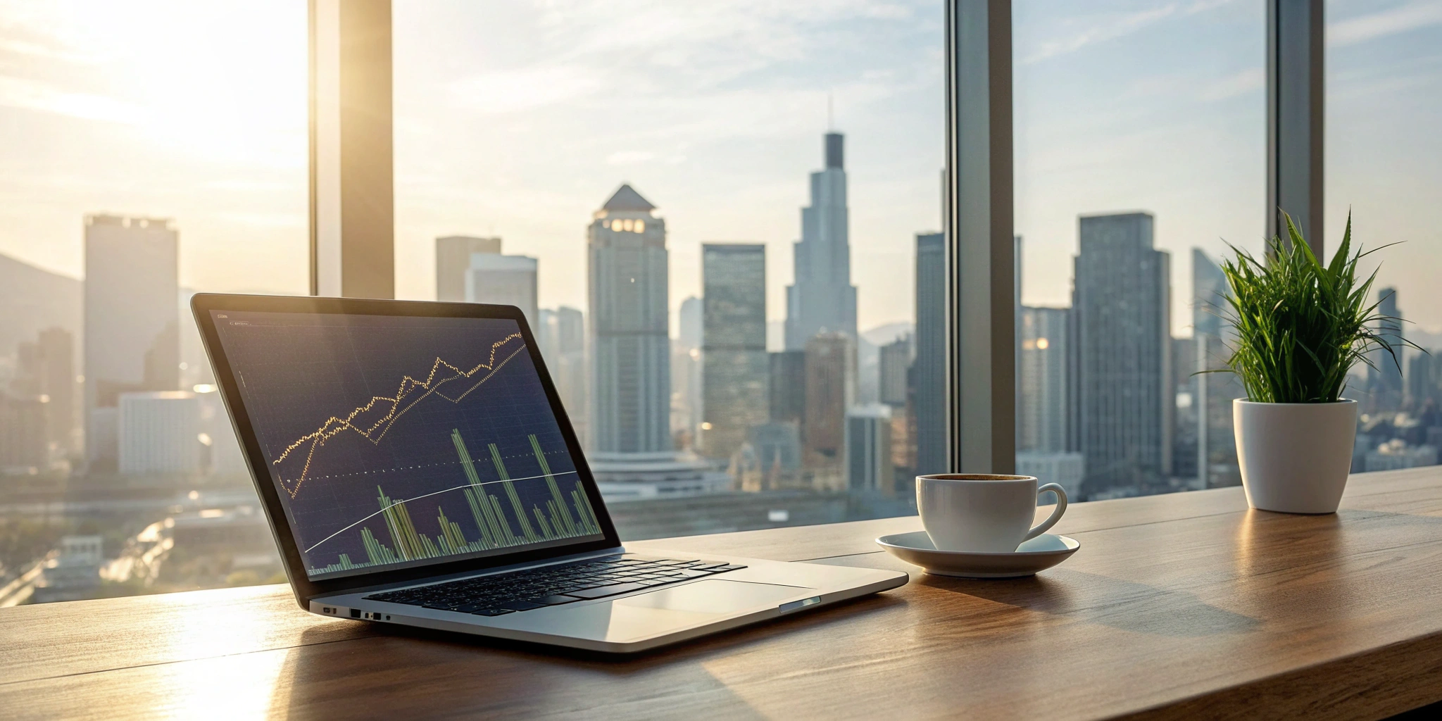 Laptop on a desk with charts analyzing the market outlook for investors.