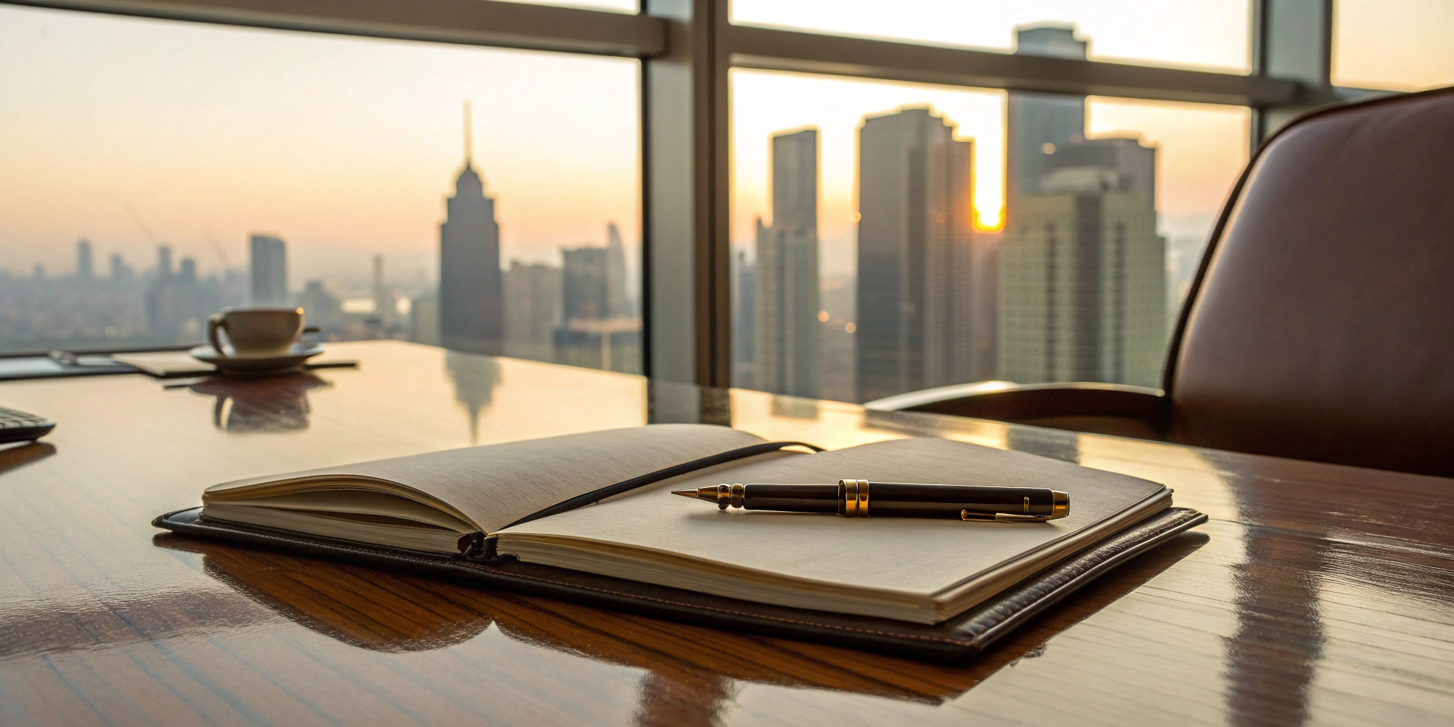 Planning fixed income strategies with a notebook and pen in a city office at sunset.