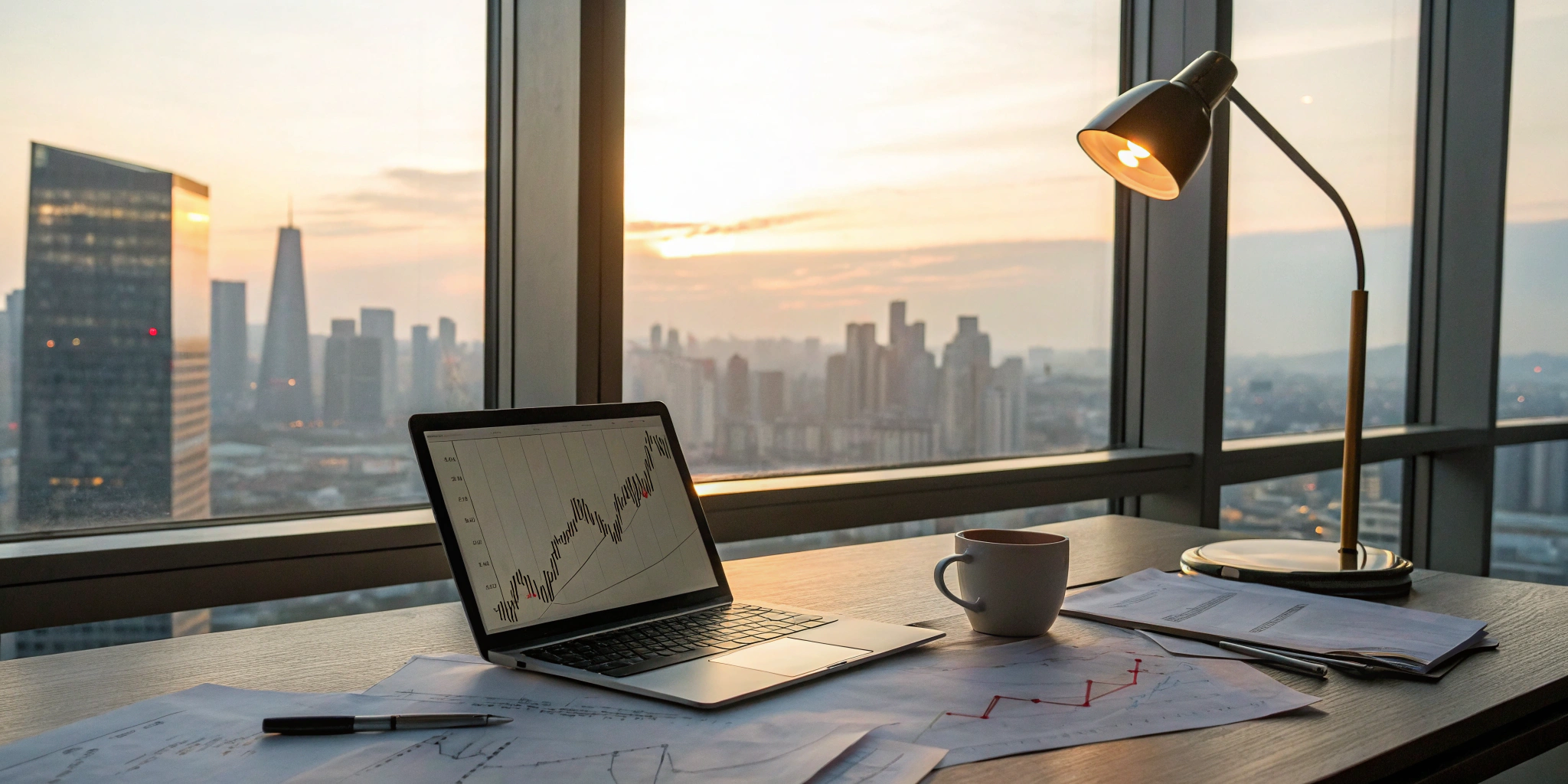 Analyzing the annual market outlook with financial charts on a laptop.