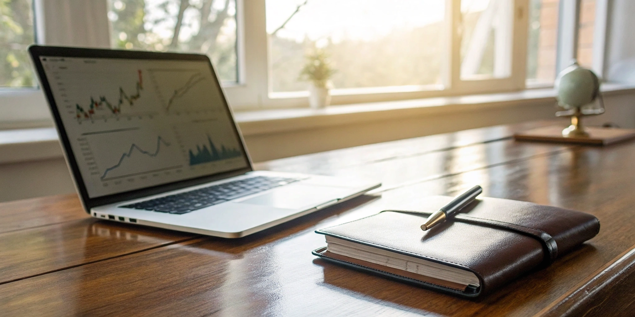Laptop with financial charts and a notebook for planning client service models for RIAs.