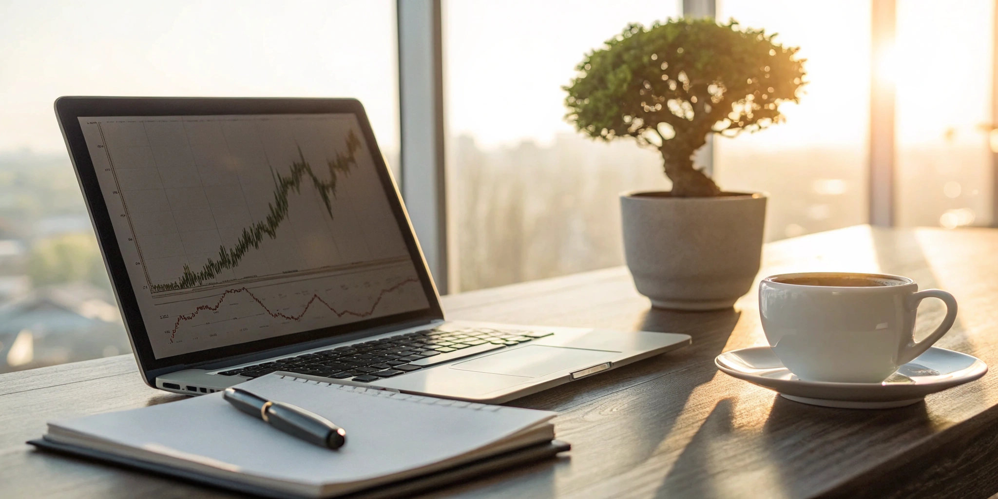 A professional reviewing economic insights on a laptop with charts and data.